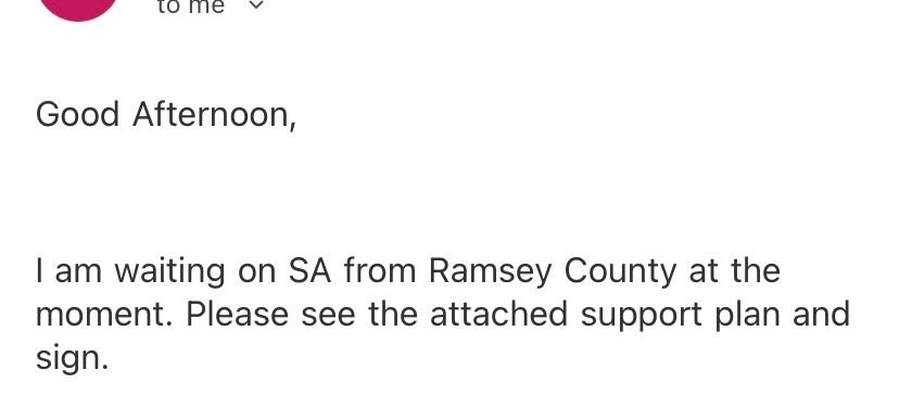 Case manager email about waiting on SA from Ramsey County